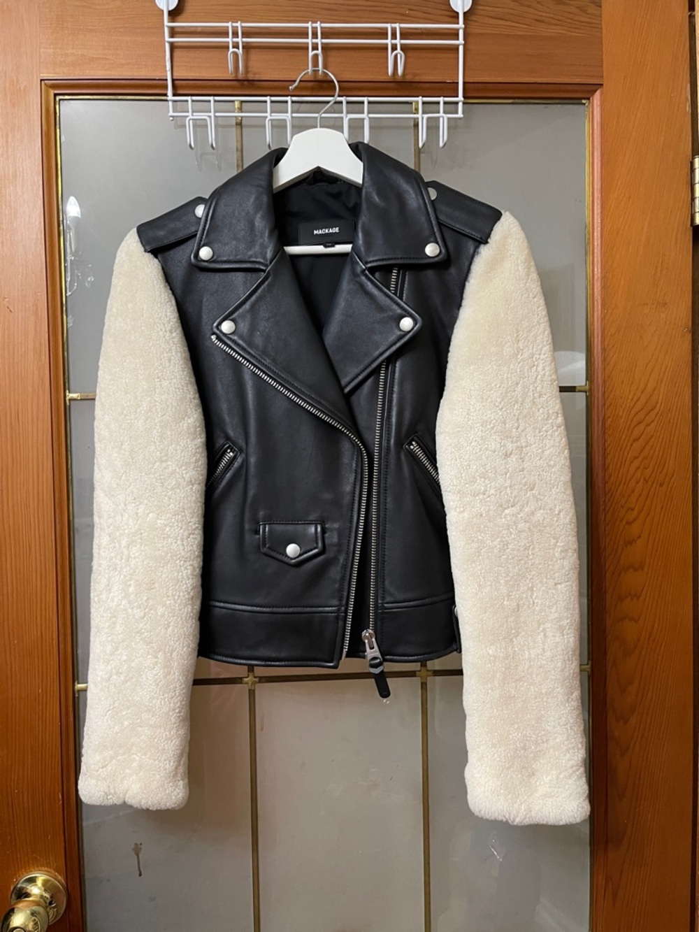 Mackage Black Leather Jacket with Cream Sherpa Sleeves